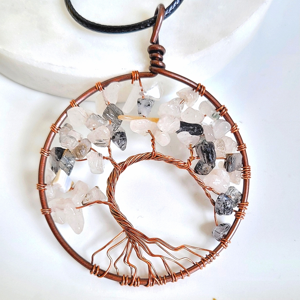 Black & White Crystal Quartz Tree of Life Pendant Necklace NWT